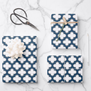 Blaue Trellis, Gitter, Quatrefolie Geschenkpapier Set