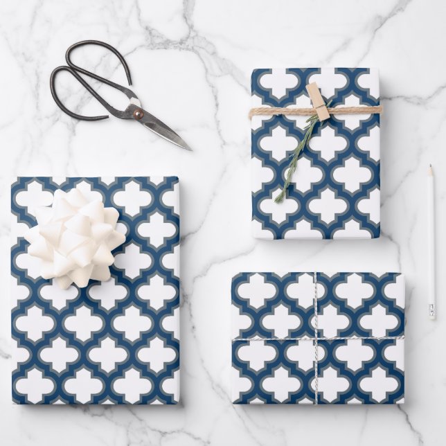 Blaue Trellis, Gitter, Quatrefolie Geschenkpapier Set (Vorderseite)