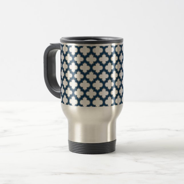 Blaue Trellis, Gitter, Quatrefolie Reisebecher (Vorderseite Links)
