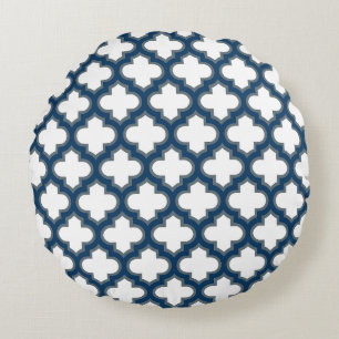 Blaue Trellis, Gitter, Quatrefolie Rundes Kissen