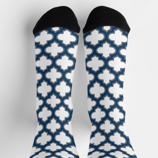 Blaue Trellis, Gitter, Quatrefolie Socken (Oben)