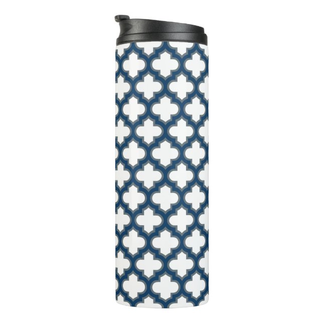 Blaue Trellis, Gitter, Quatrefolie Thermosbecher (Nach rechts gedreht)