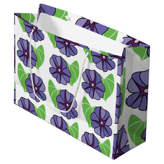 Blaue Trichterwinden-Blumen Blumenmuster Große Geschenktüte (Vorderseite Schrägansicht)