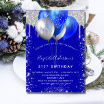 Blaue Tropfen-Glitzer-Ballons zum Geburtstag Einladung<br><div class="desc">Ein königlich blauer Hintergrund. Dekoriert mit Imitaten silberne Glitzer Tropfen malen Tropflook,  Glitzern und Ballons. Personalisieren und fügen Sie einen Namen und Party Details hinzu. Der Name wird mit einem handgeschriebenen Stilskript geschrieben.</div>