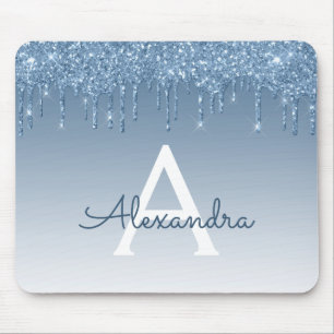 Blaue Tropfen Glitzer Monogramm Mousepad