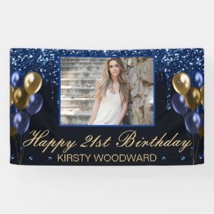 Blaue tropfende Glitter & Goldene Ballons Geburtst Banner