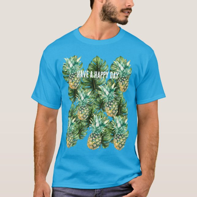 Blaue tropische Blätter Ananas T-Shirt (Vorderseite)