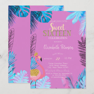 Blaue tropische Blätter Flamingos Rosa Sweet 16 Einladung