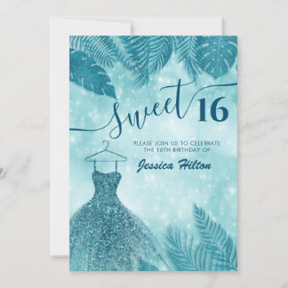 Blaue tropische Blätter kleiden 16 . Geburtstag Einladung