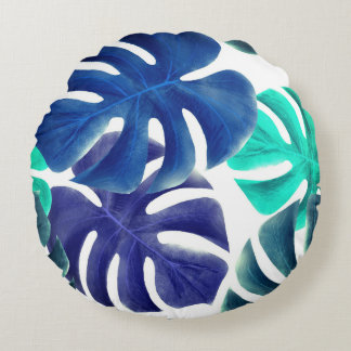 Blaue tropische Blätter Sommer-Vibes Rundes Kissen
