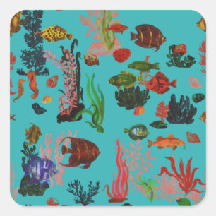 Blaue tropische Meereswelt Paradies Wasserfarbe Quadratischer Aufkleber