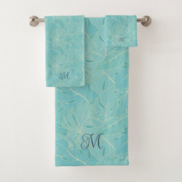 Blaue tropische Palmen-Blätter Badhandtuch Set