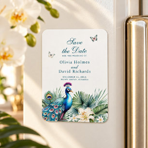 Blaue tropische Pfauen-Hochzeit-Save-the-Date-Kart Magnet