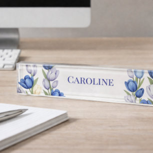 Blaue Tulpen Botanische Elegante Büro Schreibtisch Namensplakette