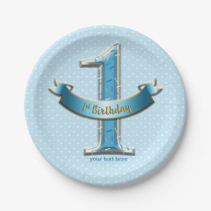 Blaue Tupfen & Banner ONE 1. 1. Geburtstagsfeier Pappteller