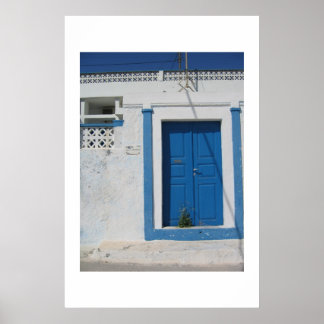 Blaue Tür in Santorini Poster