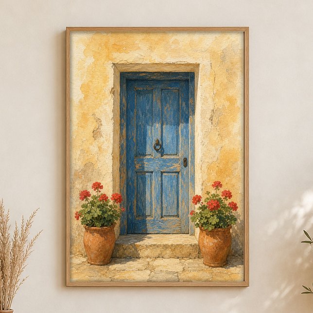 Blaue Tür mit Geranientöpfen Aquarell Poster (Shown framed for scale. Poster ships unframed; frames are an optional add-on.)