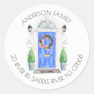 Blaue Tür   Neue Zuhause-Adressenaufkleber Runder Aufkleber