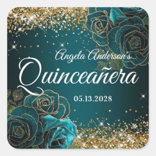 Blaue Türkis Blumen Gold Glitter Glam Quinceañera Quadratischer Aufkleber