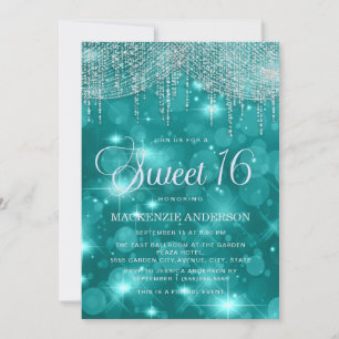 Blaue Türkis Lichterkette Bokeh Sweet 16 Einladung
