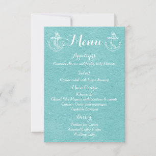 Blaue Türkis Menü Schiff Anker Nautische Hochzeit Einladung