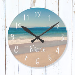 Blaue Türkis-Sandstrand-Szene-Foto Runde Wanduhr
