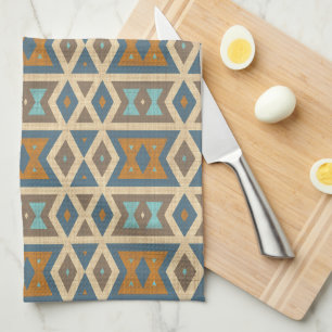 Blaue Türkis Teal Orange Beige Braun Stammeskunst Geschirrtuch