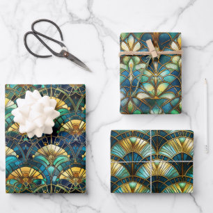 Blaue, Türkis- und Gold-Pfau-Buntglas Geschenkpapier Set