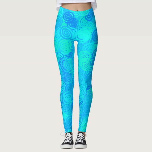 Blaue Türkis Wirbel Muster Leggings (Vorderseite)