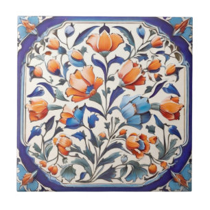 Blaue türkische Blumenmuster-Orangen-Mohnblumen Fliese