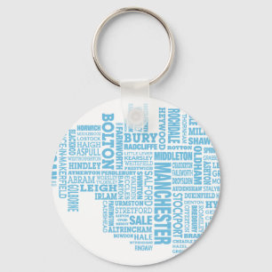 Blaue Typkarte von Greater Manchester Schlüsselanhänger