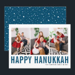 Blaue Typografie Foto Collage Happy Hanukkah Feiertagskarte<br><div class="desc">Happy Hanukka! Individuell anpassbare Happy Hanukkah Foto Collage flache Karte mit blauer Typografie und Schneemuster. Personalisieren Sie Ihre Daten durch Hinzufügen von drei Fotos,  Namen,  Jahr und anderen Details. Diese moderne Hanukkah-Flachkarte ist in anderen Farben und mit Karton erhältlich.</div>