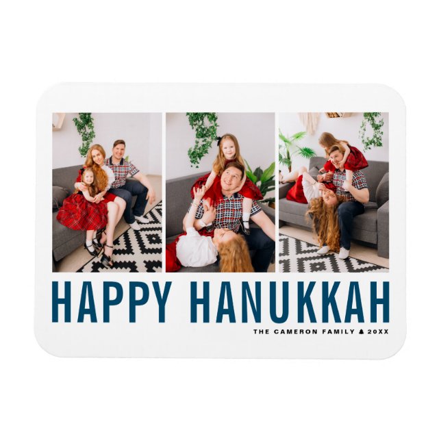 Blaue Typografie Foto Collage Happy Hanukkah Magnet (Horizontal)