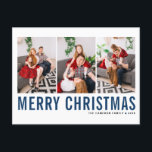 Blaue Typografie Frohe Weihnachtsfotografie Collag Postkarte<br><div class="desc">Frohe Weihnachten! Individuell gestaltbare Weihnachts-Foto-Collage Postcard mit blauen und schwarzen Typografie. Personalisieren Sie Ihre Daten durch Hinzufügen von drei Fotos,  Namen,  Jahr und anderen Details. Diese moderne Weihnachtspostkarte ist in anderen Farben und mit Karton erhältlich.</div>