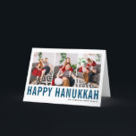 Blaue Typografie Happy Hanukkah Foto Collage Feiertagskarte<br><div class="desc">Happy Hanukka! Individuell anpassbare Happy Hanukkah Foto Collage Card mit blauer Typografie und Schneemuster. Personalisieren Sie Ihre Daten durch Hinzufügen von drei Fotos,  Namen,  Jahr und anderen Details. Diese moderne Hanukkah-Karte ist in anderen Farben und Cardstock erhältlich.</div>