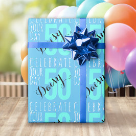 Blaue Typografie zum 50. Geburtstag Geschenkpapier