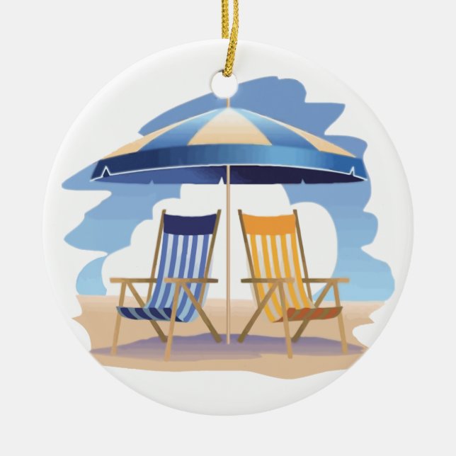 Blaue u. gelbe gestreifte Strand-Stühle u. Keramikornament (Vorne)