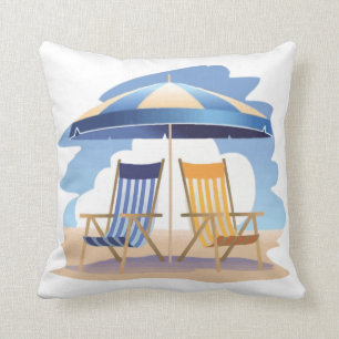 Blaue u. gelbe Strand-Stühle u. Regenschirm Kissen
