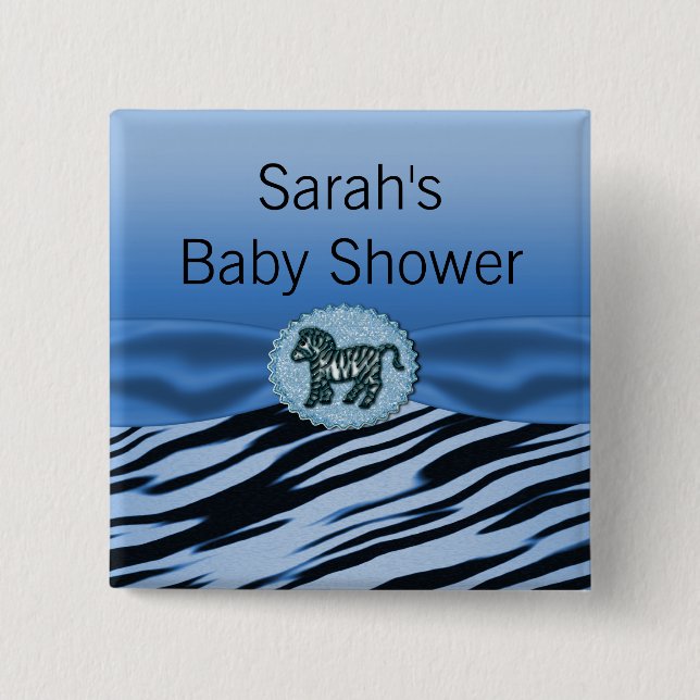 Blaue u. schwarze Zebra-Glitzer-Baby-Dusche Button (Vorderseite)