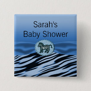 Blaue u. schwarze Zebra-Glitzer-Baby-Dusche Button
