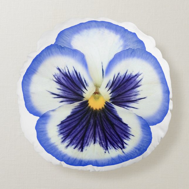 Blaue u. weiße Pansy-Blumen-rundes Kissen (Vorderseite)