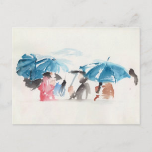 Blaue Umbrellas Originale Wasserfarben Postkarte 1