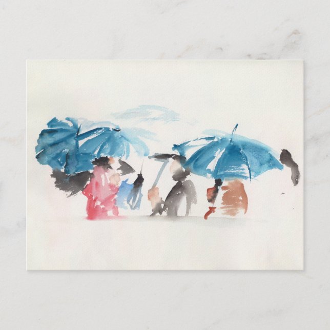 Blaue Umbrellas Originale Wasserfarben Postkarte 1 (Vorderseite)