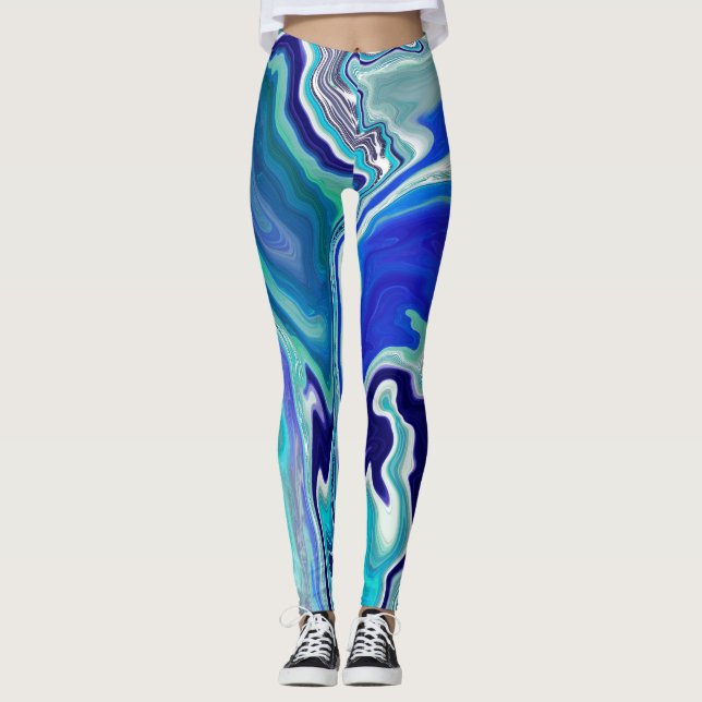 Blaue und Aquamarine Marmorwellen Leggings (Vorderseite)