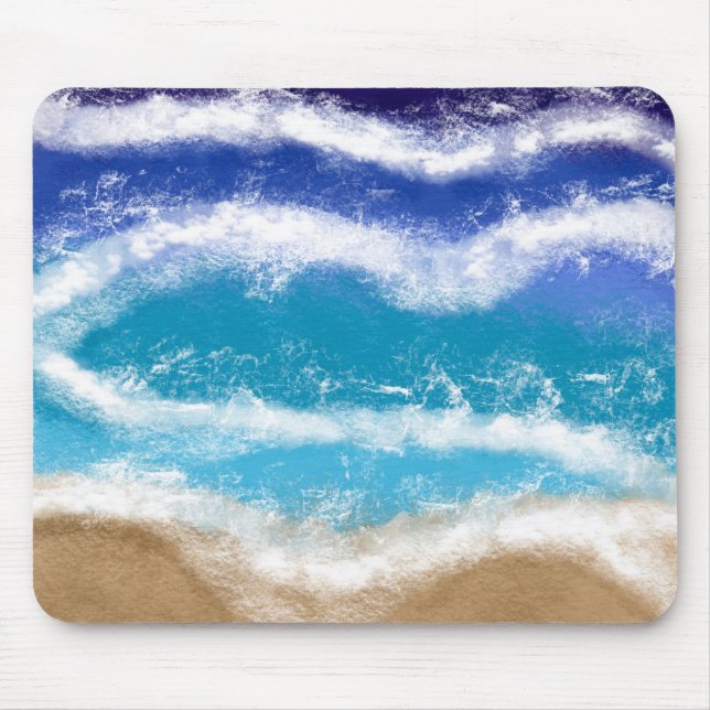 Blaue und Aquamarine Meereswellen Sandstrand Mousepad (Vorne)