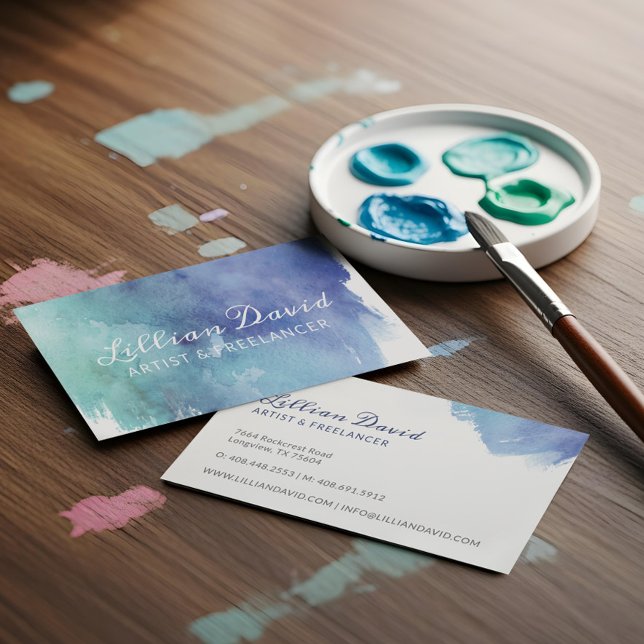 Blaue und Aquamarine Watercolor Wash Kunst Visitenkarte (Blue & Teal Watercolour Wash Artistic Business Card)