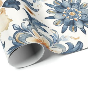 Blaue und beige florale Fliesenverpackung, Antik Geschenkpapier