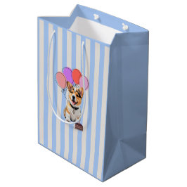 Blaue und beige gestreifte Corgi-Geburtstagsfeier Mittlere Geschenktüte