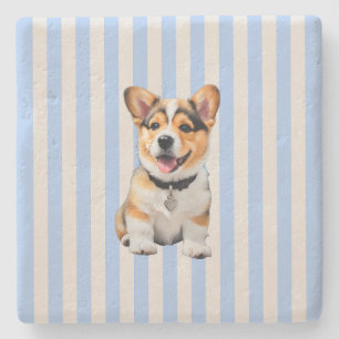 Blaue und beige gestreifte fröhliche Corgi-Hundefr Steinuntersetzer