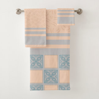 Blaue und beige Küstenfliesenmuster | Nahtloses Ge Badhandtuch Set